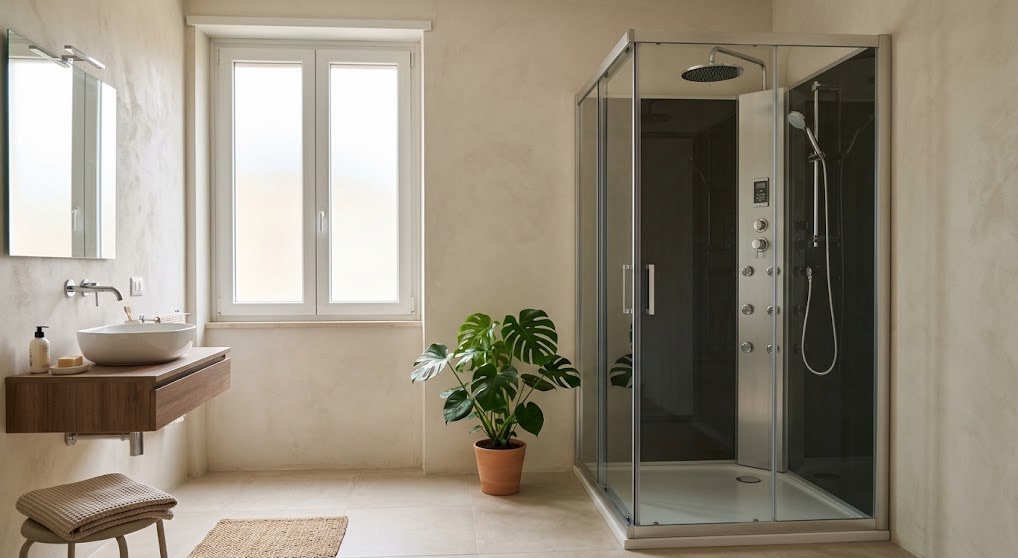 Cabină de duș cu hidromasaj, cu duze laterale și duș de sus, într-o baie modernă