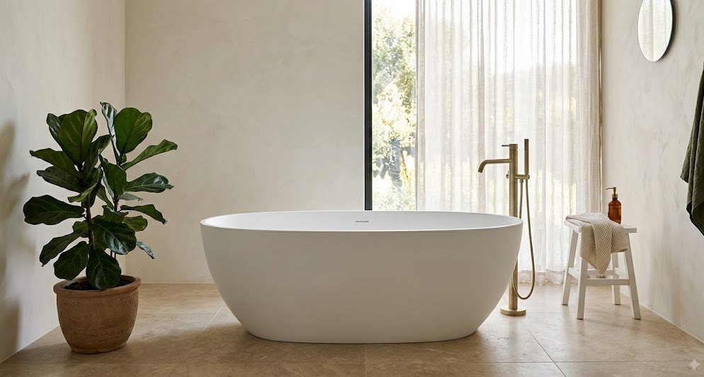 Cadă freestanding albă din compozit, poziționată liber într-o baie modernă